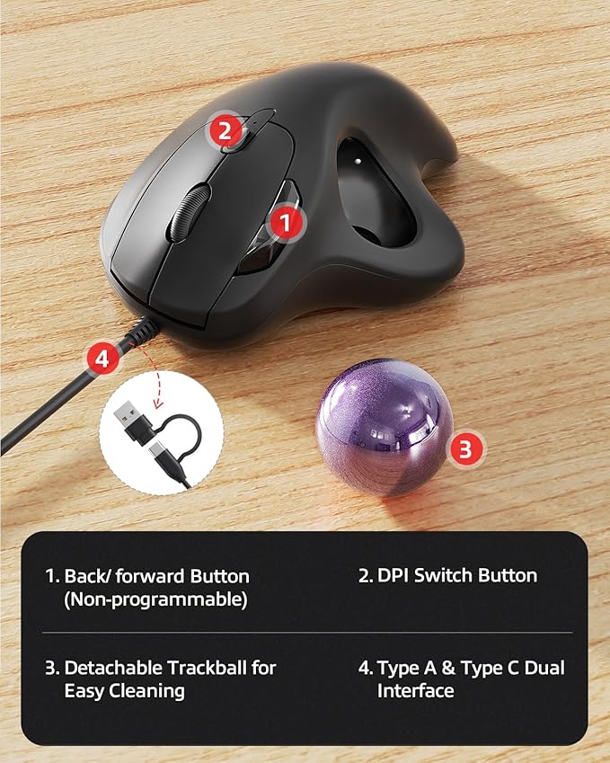 Nulea M509 Trackball Mouse Wired Ergonomic Design Easy Thumb Control Precise &amp Smooth Tracking 2-in-1 Interface (Type A &ampType C) Compatible for PC Laptop Mac Window(Purple).