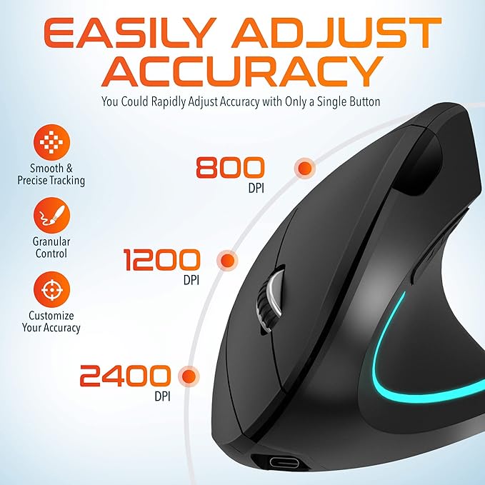 Delton Ergonomic Vertical Rechargeable Wireless Mouse with Auto Pair USB Dongle 6 Buttons 3 Adjustable DPI Levels (800/1200/2400) Compatible for PC Laptop Mac Chromebook - Black