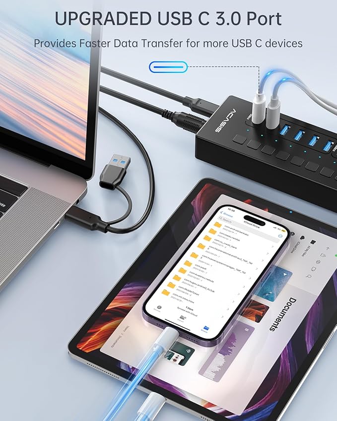 Powered USB 3.0 Hub ACASIS 16 Port USB Hub Powered(Include 2*USB C 3.0+4 Smart Charging Port) with 60W Power Adapter Support Wall Mount USB Hub for PC Laptop Mac Printer Camera