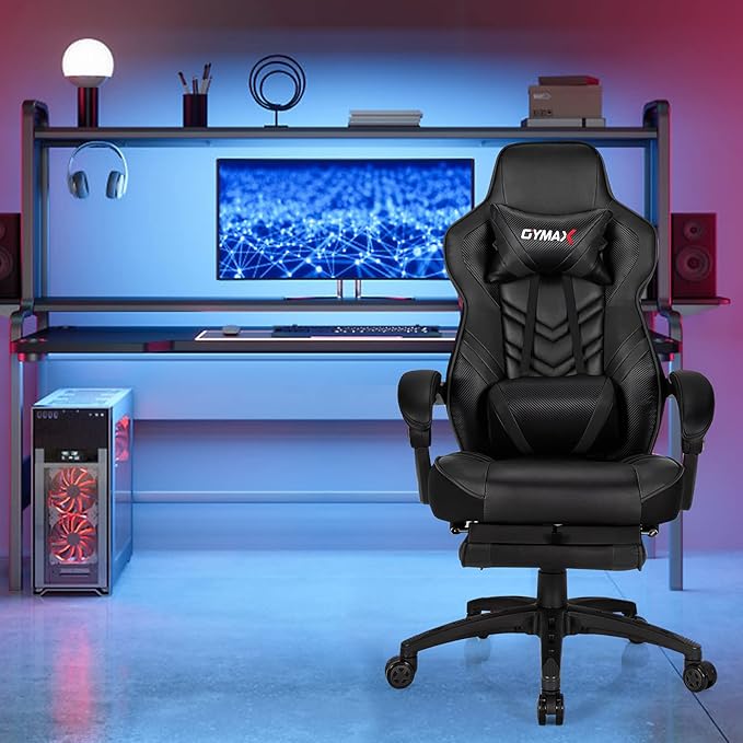GYMAX Gaming Chair Ergonomic Computer Chair with Footrest Linkage Armrests &amp Lumbar Cushion Big Wide High Back Video Gaming Chair Reclining Office Rolling Chair for Adult/Teens (Black)