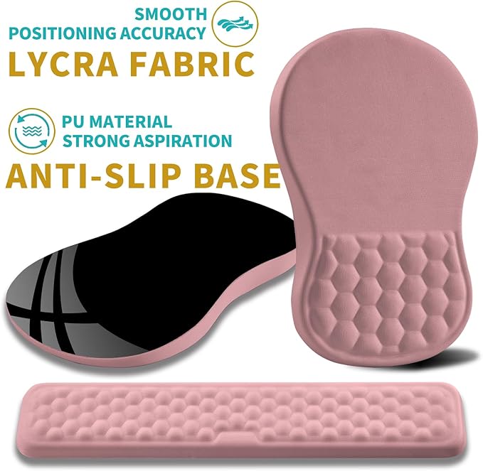 Hokafenle 2 in 1 Ergonomic Mouse Pad Wrist Support &amp Wrist Rest for Computer Keyboard Set with Relieve Carpal Tunnel Pain Massage Bulge and Full Memory Gel Design (2In1 Set Pink)
