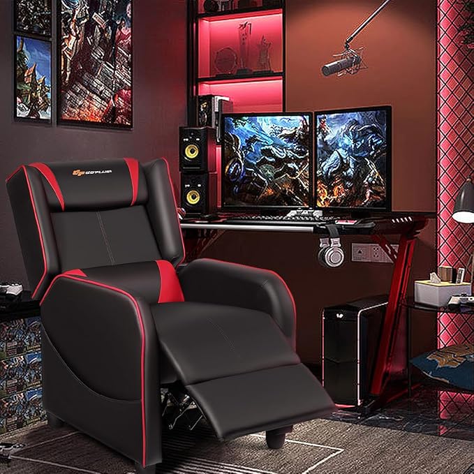 Goplus Massage Gaming Recliner Chair Racing Style PU Leather Single Recliner Sofa with Footrest Adjustable Modern Living Room Recliners Ergonomic Home Theater Recliner Seat (Red)