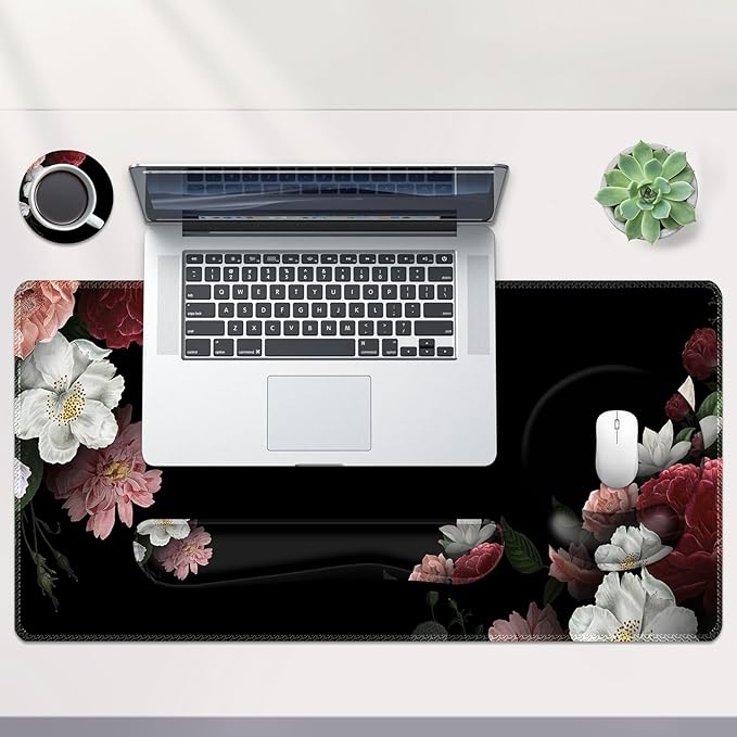AIMSA Mouse PadLarge Black Desk Mat XXL Mousepad+Keyboard Wrist Rest+Ergonomic Mouse Wrist Rest+Coaster Set4in1 Desk Pad for Home Office Table Computer-Vintage Flower