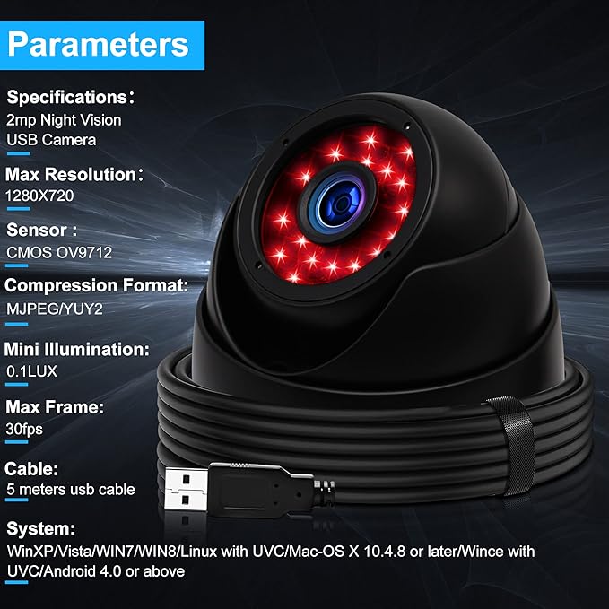 ELP 1megapixel Day Night Vision Indoor&ampOutdoor CCTV USB Dome Housing Camera Vandal-Proof for House and Pc Industrial Security.CCTV Camera for Baby Monitor Pets MonitorHome Security