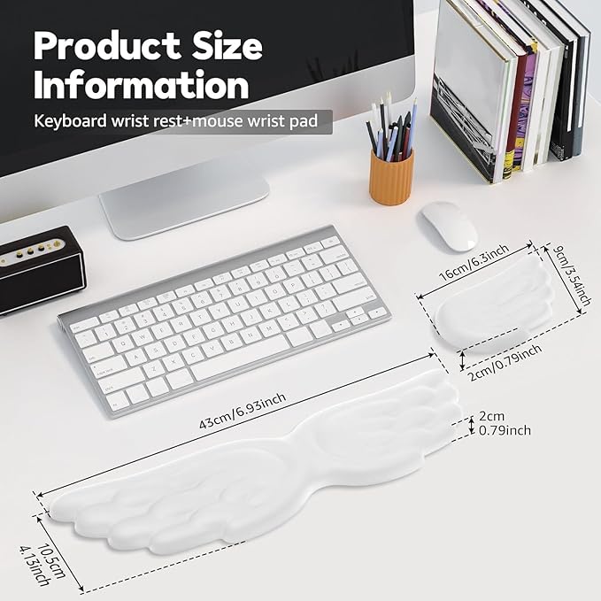 Angel Wing Wrist Rest Set Ergonomic Memory Foam Keyboard and Mouse Pad Support Anti-Slip Waterproof PU Leather Wrist Cushion for Carpal Pain Relief Aesthetic Desk Decor for Office Gaming (#H)