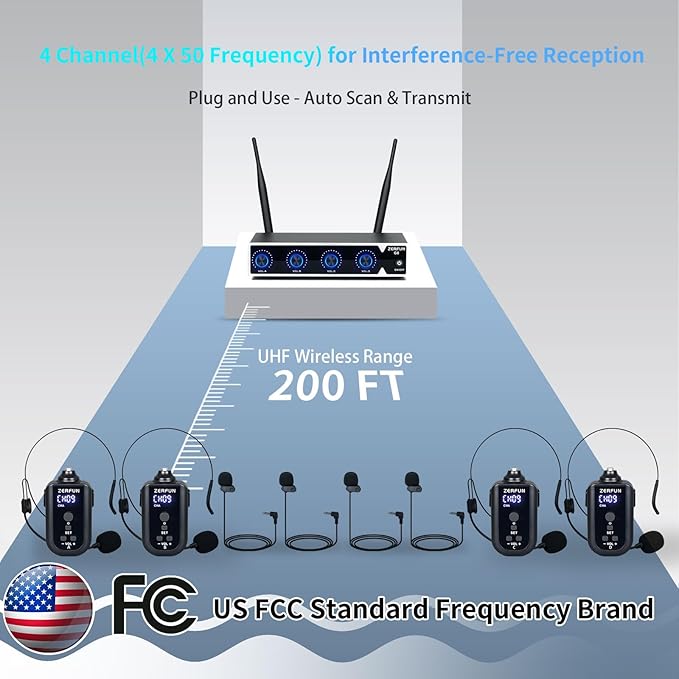 Rechargeable Wireless Microphone System 4 Channel Pro UHF Metal Headset Lavalier Lapel Mics Cordless for Church Karaoke Singing with Volume Control 4x50 Frequency(G8)