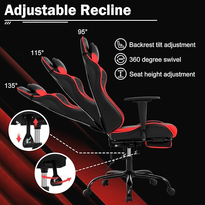 Red PC Gaming Chair Ergonomic Racing Office Chair Video Game Chair Massage Lumbar Support with Arms Footrest &amp Headrest Nice Chic Desk Chair Adjustable Best Home Office Chair