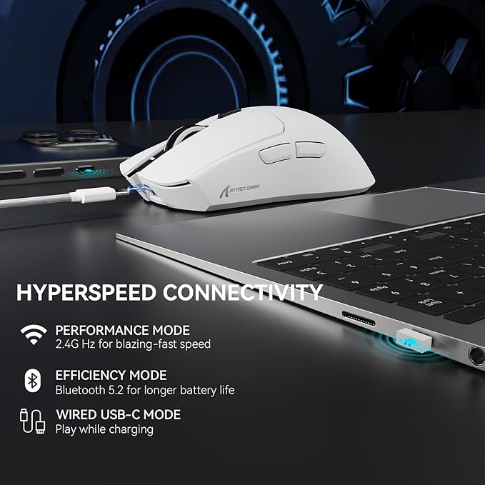 ATTACK SHARK X1 Superlight Wireless Gaming Mouse with RGB Magnetic Charging Dock BT/2.4G Wireless/Wired Gaming Mouse PAW3395PRO Gaming Sensor 40000DPI 53g Office Mice for PC/Mac/Win/Xbox (White)