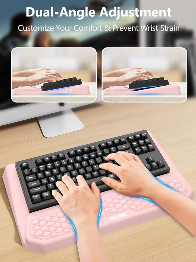 2-in-1 Ergonomic Keyboard Stand with Wrist Rest Comfy Keyboard Riser Holder with Massage Design Pink