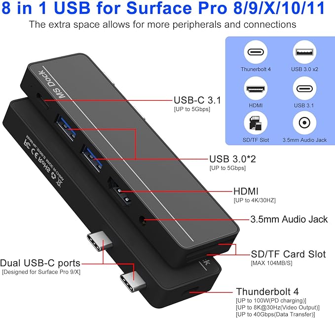 Surface Pro 8/9/X/10 Dongle - Surface Pro 9 Adapter with 4K HDMI Thunderbolt 4 (8K@30Hz Video+40G Data+100W PD) USB 3.0 SD/TF Reader 3.5mm Audio Surface Pro 9 Docking Station Hub