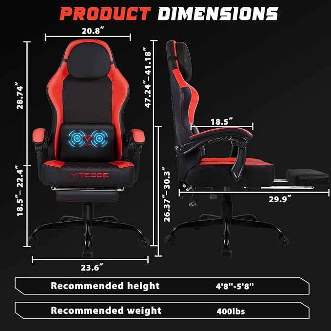 VITESSE Ergonomic Video Gaming Chair for Adults 400 lbs PC Computer Chair Racing Office Chair Silla Gamer Height Adjustable Swivel Chair with Lumbar Vibration Support and Headrest（Red）