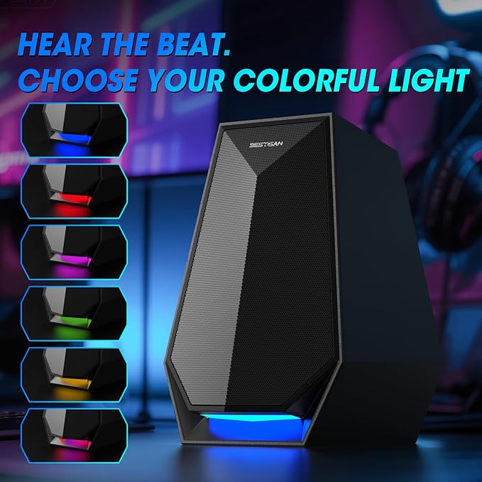 BESTISAN Computer Gaming Speakers for Desktop PC - 30W Powered Monitor Speakers with Bluetooth/AUX/Type-C Connections 6 Colorful Lights Compatible with Monitor Gaming Setup &amp Laptop