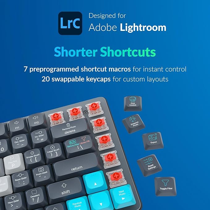 JCPAL Adobe Lightroom Keyboard • Dash Wireless Shortcut Keyboard for Mac and PC • Shortcut Hotkeys Color-Coded Key Guide Fully Customizable Compact Low-Profile Design