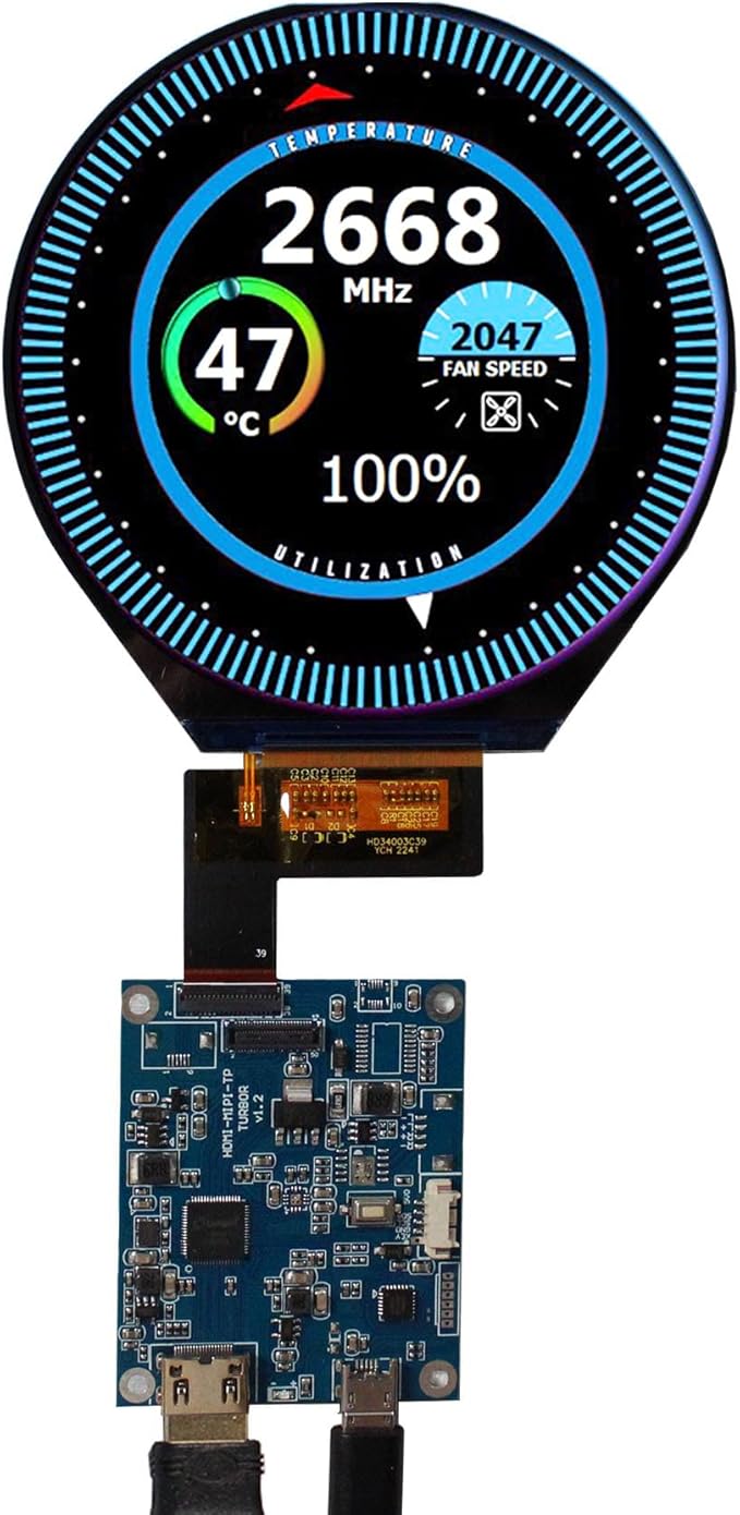 3.4 inch 800x800 IPS MIPI 330nit Round LCD Screen and 39 pins Controller BoardMicro USB Power Port