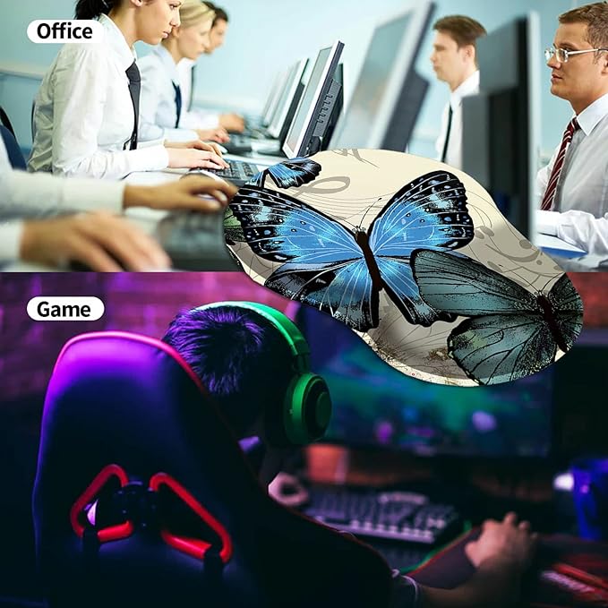 Mouse Pad with Wrist Support Gel Blue Butterfly Pattern Design Ergonomic Gaming Mousepad with Wrist Rest for Laptop Computer Home Office Working Mouse Mat + A Cute Coffee Pad