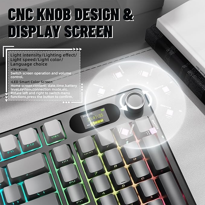 ATTACK SHARK X98PRO Wireless Mechanical KeyboardMulti-Function Knob&ampTFT ScreenTri-Mode BT/2.4G Hz/USB-C Wired KeyboardHot-Swappable RGB Backlit4000mAh Cloud Drivefor Win/Mac/Linux-Moonlit Nig