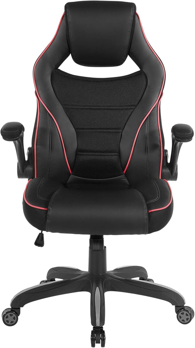 OSP Home Furnishings Xeno Ergonomic Adjustable Faux Leather Gaming Chair with Integrated Headrest and Airflow Cooling Material Black with Red Accents
