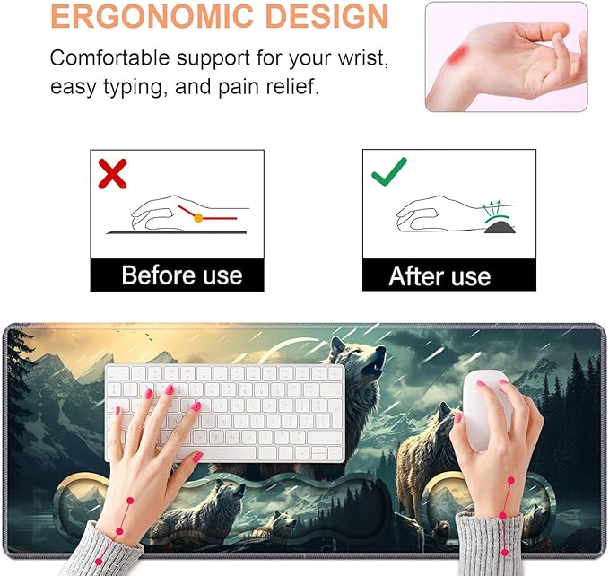 Ergonomic Keyboard Wrist Rest &amp Mouse Pad Wrist Rest Set Large XXL Gaming Desk Mat 31.5x 11.8 with Non-Slip Base Memory Foam Easy Typing Pain Relief for Home &amp Office White Wolf
