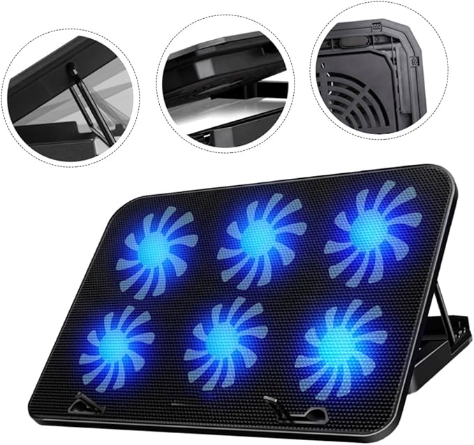 Adjustable Speed Laptop Cooling Rack with Six Fans Laptop Stand Pad for Neck Relief and Convenient Reading Black Cooling Base
