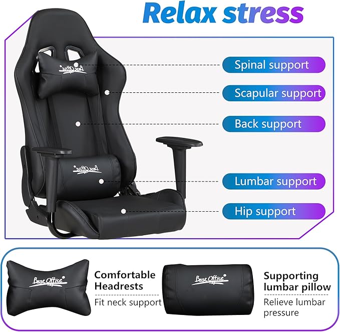 PayLessHere Gaming Chair Ergonomic Office Chair with Lumbar Support Headrest Armrests Rolling Swivel Functionality and Adjustable Features for PC Gamer (Black)