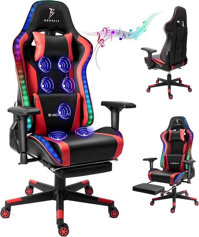 Massaging Gaming Chair with Footrest Video Gaming Chair with LED Light and Speaker Ergonomic Gaming Chair with Headrest and Lumbar Pillow Racing Gaming Chair for Adults.Red