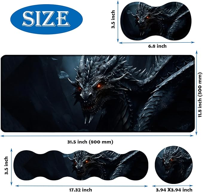 4 in 1 Mouse Pad Combo Large Gaming Mouse Pad + Keyboard Wrist Support + Mouse Wrist Rest + Coaster Table Pad 31.5 x 11.8 with Memory Foam Ergonomic Wrist Pad Set Cool Dark Dragon