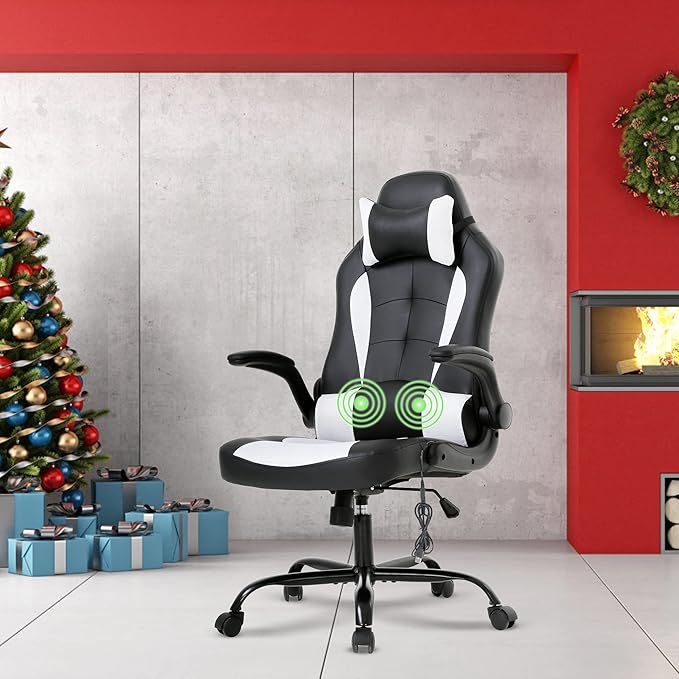 Massage Gaming Chair for Adults PC Silla Gamer Cheap Game Ergonomic Desk with Headrest Lumbar Support High Back Video Chairs Kids Ages 8-12 White 1