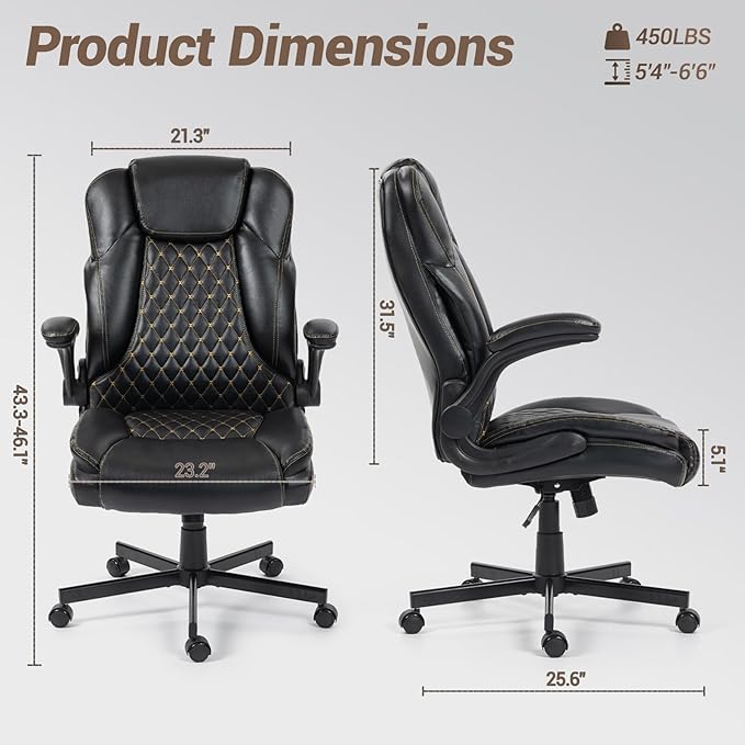 Big and Tall Heavy Duty Office Chair with Flip Up Arms – 450LBS Ergonomic Executive Home Desk Chair w/Wide Seat High Back PU Leather Adjustable Height &amp Rocking Function Black