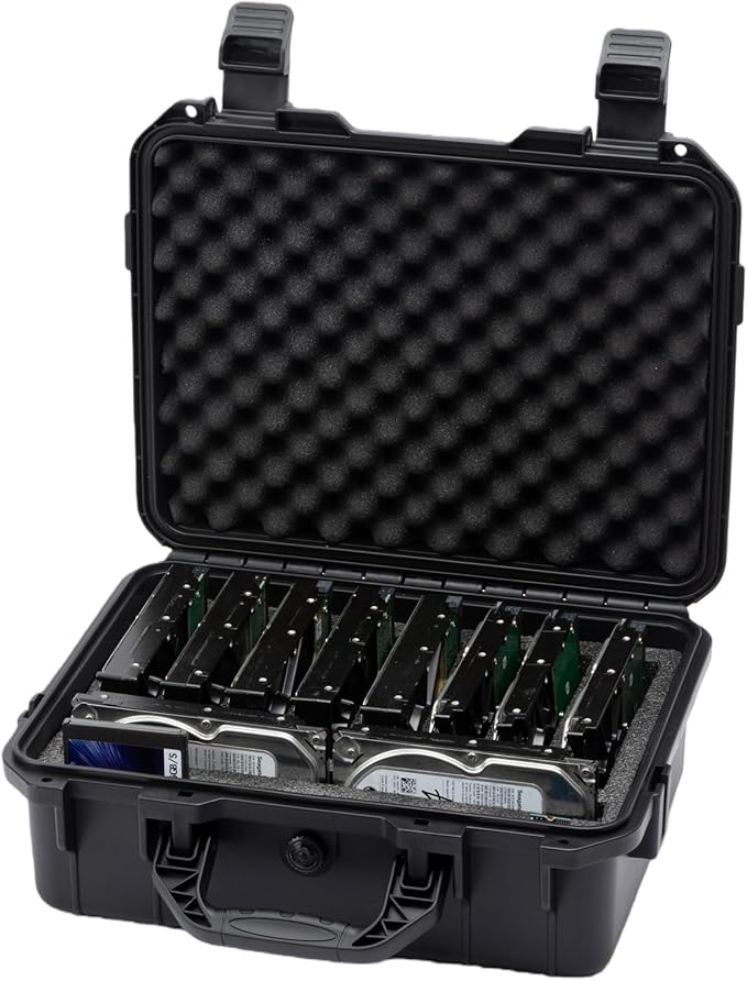 Hard Drive Case 3.5inch 10-Bay Multi-Protection HDD Storage Box Suitcase with Foam External Hard Drive Carrying Case Anti-Static Shock Moisture Proof for HDD/SSD/M.2