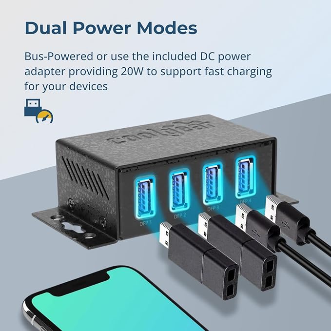 Coolgear 3.2 Gen 1 USB Hub - 4 Port USB Hub with 5Gbps Data Transfers Mountable Metal Housing 5V Power Adapter ESD Surge Protection Bus or Self Powered