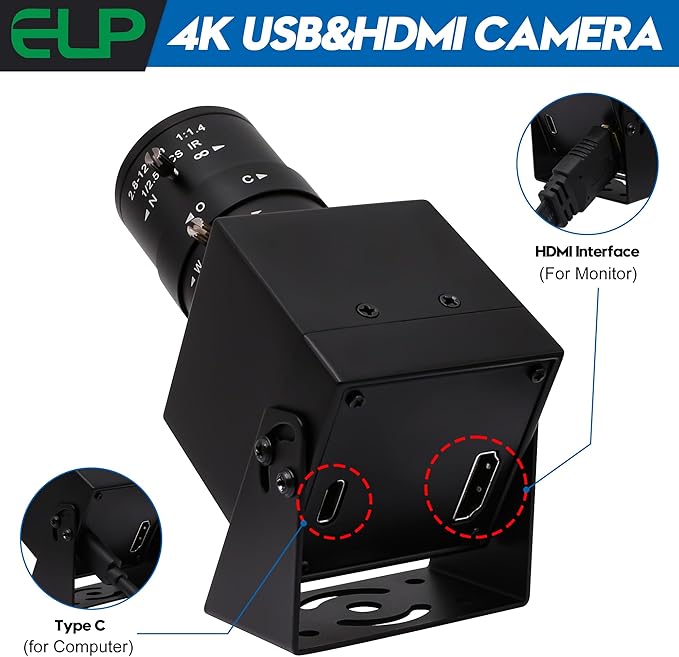 ELP 4K HDMI USB Camera - 2.8-12mm 4X Zoom Webcam With Manual Adjustment for Computer TV Projector Monitor