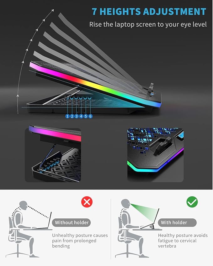 KeiBn Upgarde Laptop Cooling Pad RGB Lights Laptop Cooler 6 Fans for 15.6-17.3 Inch Laptops 7 Height Stands 10 Modes Light 2 USB Ports Desk or Lap Use (A8Blue)