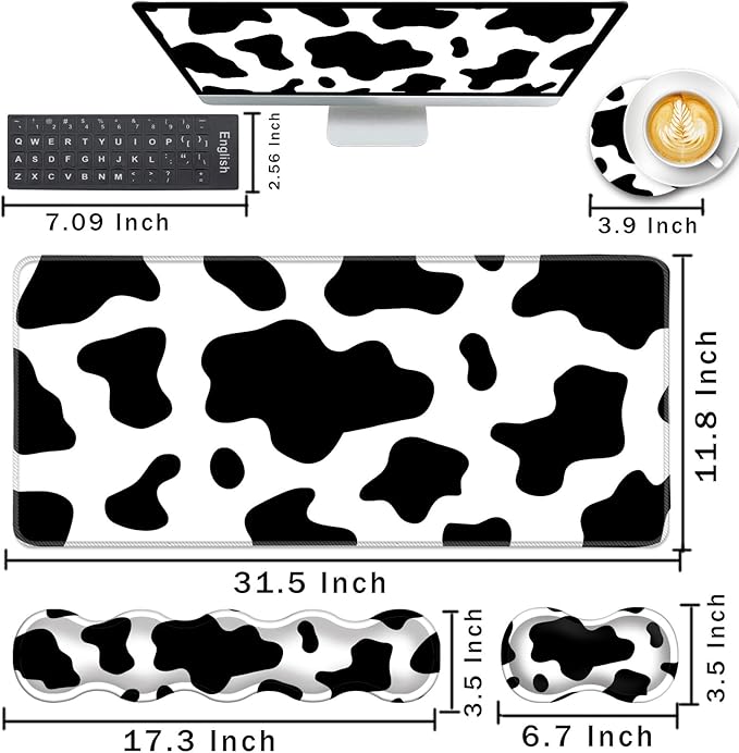 Keyboard Wrist Rest and Mouse Pad with Wrist Support Set Ergonomic CoasterMemory FoamEasy Typing Pain ReliefLarge XL Desk Mat 31.5x 11.8Cow Print
