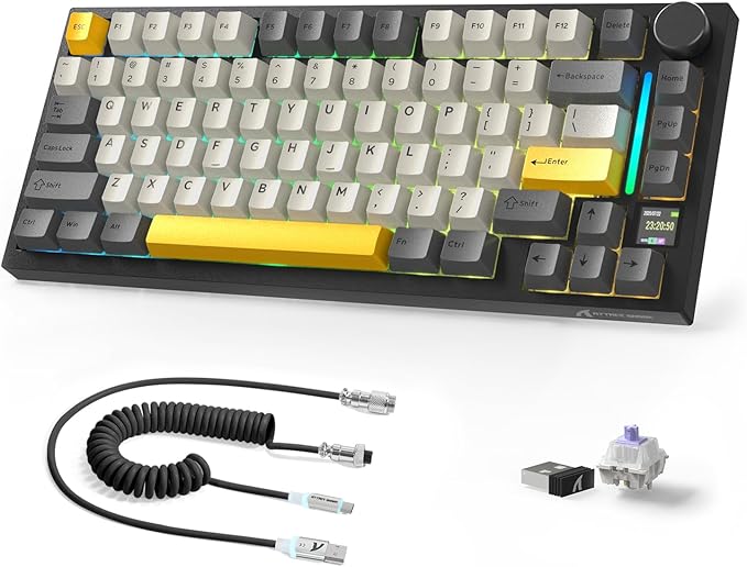 A.JAZZ Attack Shark X820Ultra 75% Wireless Mechanical Gaming Keyboard and Coiled Cable Hot Swappable 2.4GHz/Bluetooth/Wired Keyboard with Screen &amp Knob RGB Backlit Gasket Mount Gift Switch-Starbla