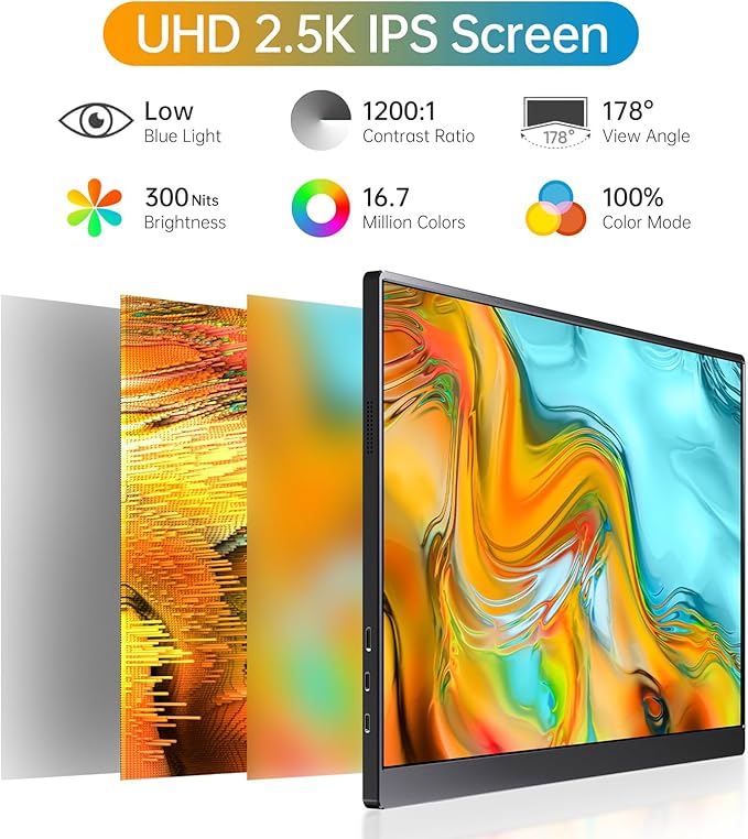 2.5k Portable Monitor 16inch 2560X1600 USB C Laptop Monitor HDMI Computer Display HDR IPS Gaming Screen w/Smart Cover &amp Dual Speakers for PC Mac Phone Xbox PS5 Switch Laptop