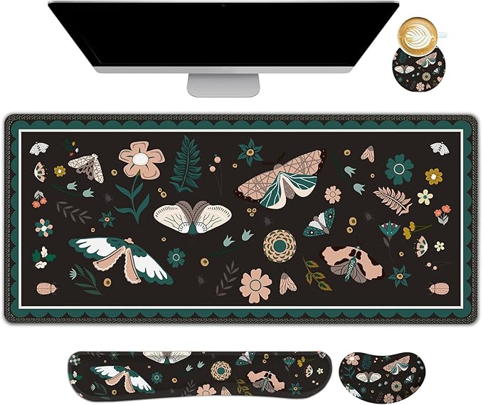 Large Mouse Pad and Keyboard Wrist Rest Desk Pad for Keyboard and Mouse Gaming Mousepad with Wrist Support Non-Slip Desk Mat for Home Office Black Butterfly Flower