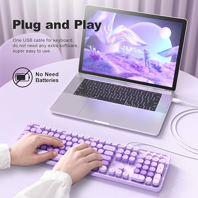 Large Print Keyboard Wired Full Size Wired Retro Round Keyboard with Foldable Stands Plug and Play for Laptop and Office PC- Purple Colorful