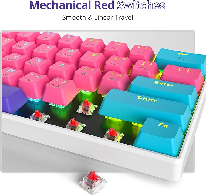 Fogruaden 60% Mechanical Keyboard 61 Keys Gaming Keyboard RGB Backlit Ultra-Compact 60 Percent Wired Keyboard for Win/Mac PC Gamer Easy to Carry on Trip (Pink Red Switch)