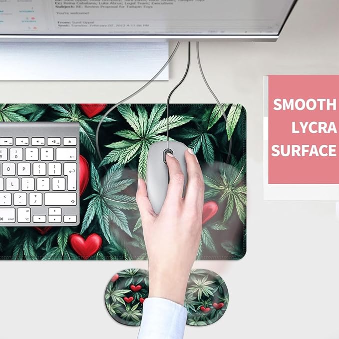 Mouse PadLarge Desk Mat Set 4in1 XL Mousepad + Keyboard Wrist Rest+Mouse Wrist Rest+Coaster with Ergonomic Desk Pad for Home Office Table Computer Cover -Leaves and Red Hearts