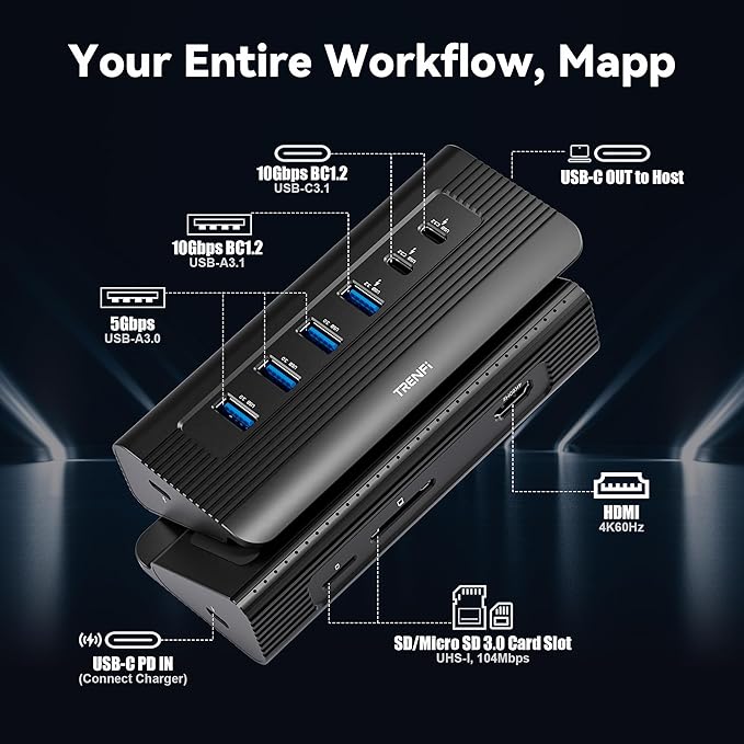10-in-1 USB C Hub with Detachable Cable USB 3.2 Gen2 10Gbps 4K 60Hz HDMI 100W PD SD/TF Reader - Aluminum Docking Station for Laptop PC MacBook Pro/Air M1-M5 Mac mini (Carbon Black)