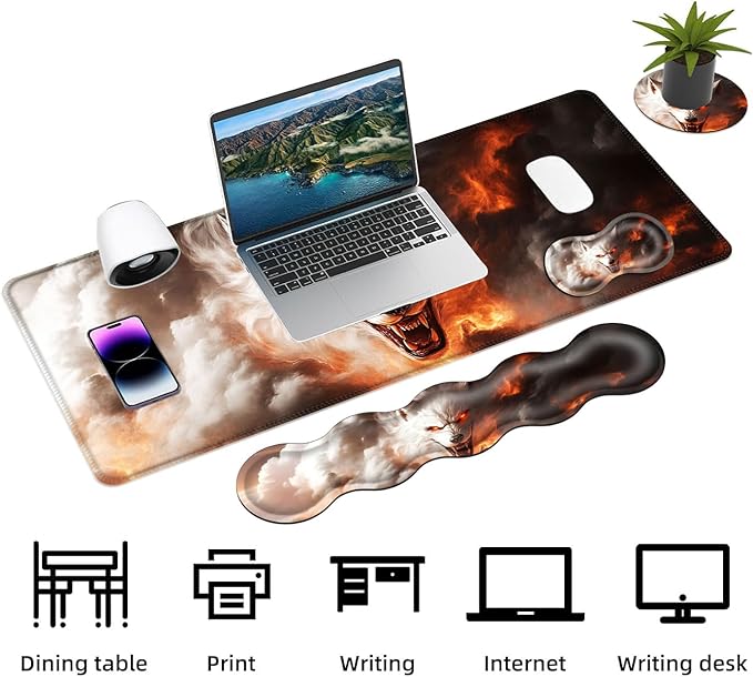 Keyboard Mouse Pad Set Extended Gaming Mouse Pad+Ergonomics Keyboard Wrist Rest Support Memory Foam Easy Typing Pain Relief 4Pcs XL Ultra Thick Desk MatFlaming White Wolf Art