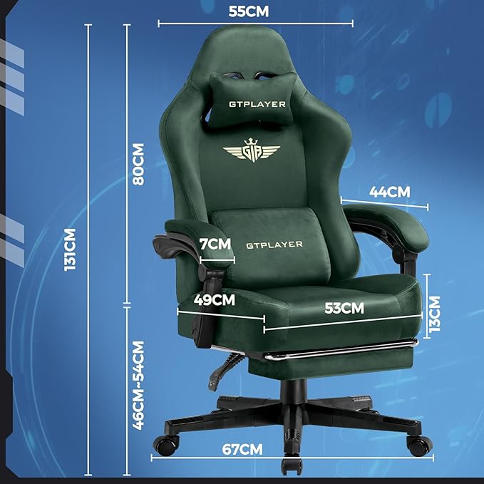 GTPLAYER Gaming Chair Fabric with Pocket Spring Cushion Big and Tall Gamings Chairs 350LBS High Back Computer Chair with Footrest for Adults Lumbar Support Swivel Game Chair for Office Gaming Green