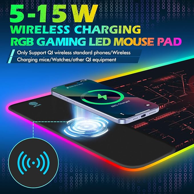 ToLuLu RGB Gaming Wireless Charging Mouse Pad 5/7.5/10/15W 10 Light Modes LED Mouse Pad Computer Keyboard Mat Mousepad 800x300x4MM Extended Large Desk Mat for Gaming MacBook Laptop PCCool Red