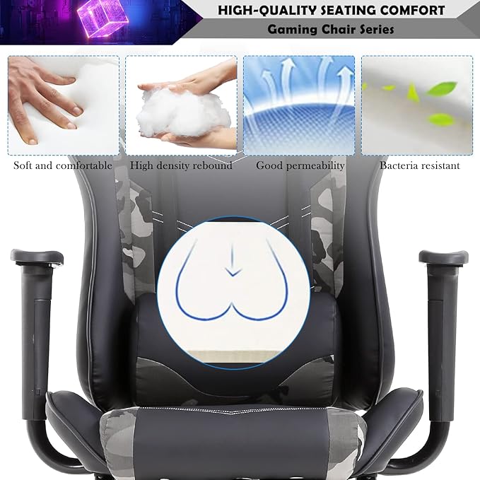 Gaming Chair with Lumbar Support Headrest and Footrest Ergonomic Massage Gaming Office Chair Computer Desk Chair PU Leather Gamer Chair Adjustable Height Video Gaming Chair for Adults Kids Men Camo