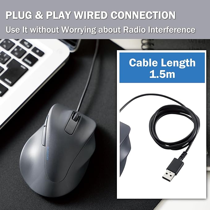 ELECOM Wired USB Ergonomic Shape Mouse Silent Click Right Hand 2000DPI 5 Buttons Optocal Sensor Compatible with PC Mac Laptop EX-G Ssize Black (M-XGS30UBSKBK)