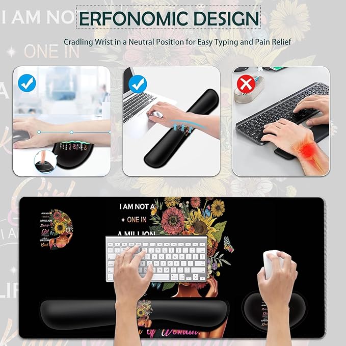 JVGFYNKL Large Gaming Mouse Pad Set Ergonomic Memory Foam Keyboard Wrist Rest Support + Mouse Wrist Rest + Extended Desk Mat with Non-Slip Rubber Base Inspiring Sunflower Girl Pattern Black Desk Pad