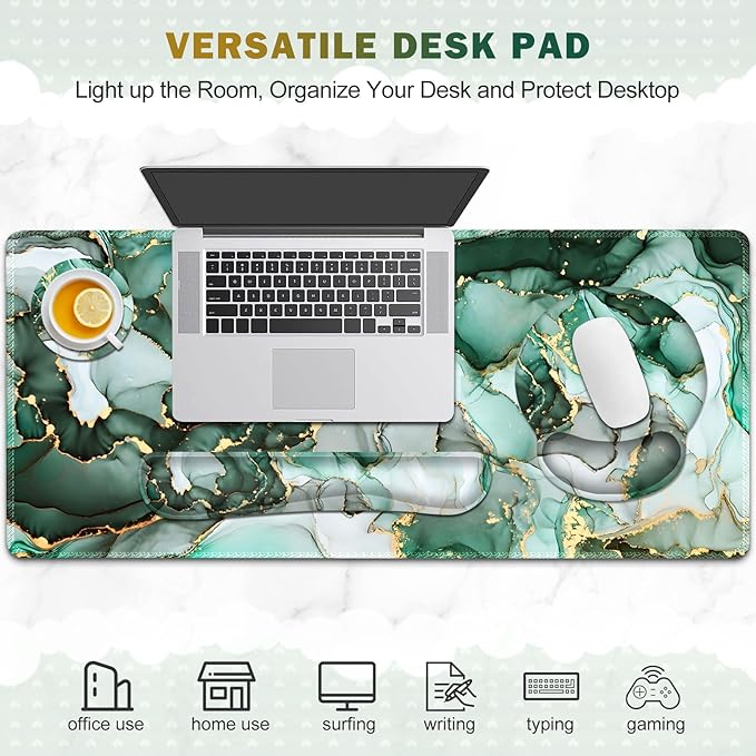 Gaming Mouse Pad Large Desk Mat Cute Desk Pad Protector 4in1 XXL Mousepad + Keyboard Wrist Rest+Mouse Wrist Rest+Coaster Set with Ergonomic Desk Pad for Home Office PC Computer Green Marble
