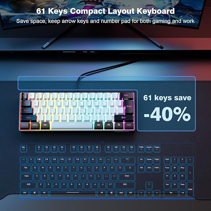 Snpurdiri 60% Wired Gaming Keyboard 61 Keys RGB Backlit Ultra-Compact Small Gaming Keyboard for PC/Mac Gamer Typist Travel Easy to Carry on Business Trip(Black-White)