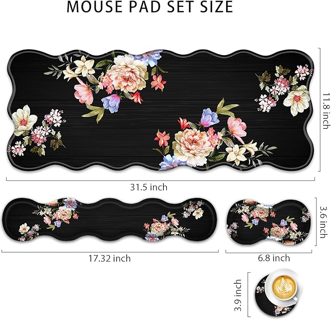 4 in 1 Desk Mat SetMouse Pad with Keyboard Wrist RestWave-Shaped DesignNon-Slip Rubber BaseWaterprooffor HomeOfficeGamingPeony Flower