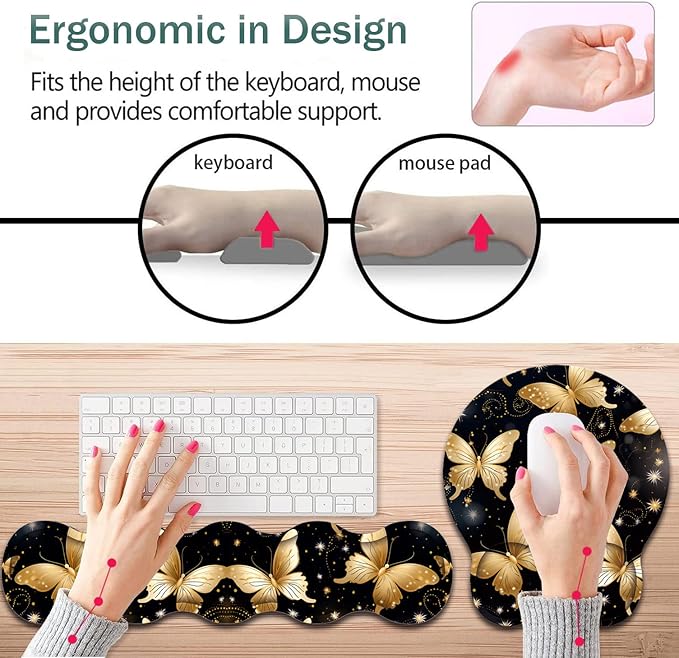 Keyboard Wrist Support + Wrist Mousepad + Coaster Combination Non-Slip PU Base with Gel Memory Mousepad Suitable for Gaming Office Pain Relief Mousepad Set - Golden Butterfly